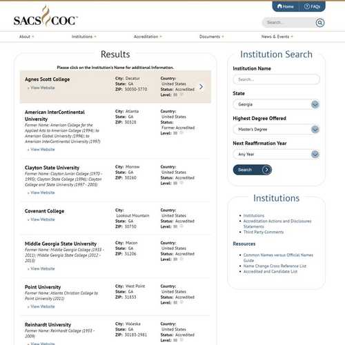 SACS COC Instituion Search Page